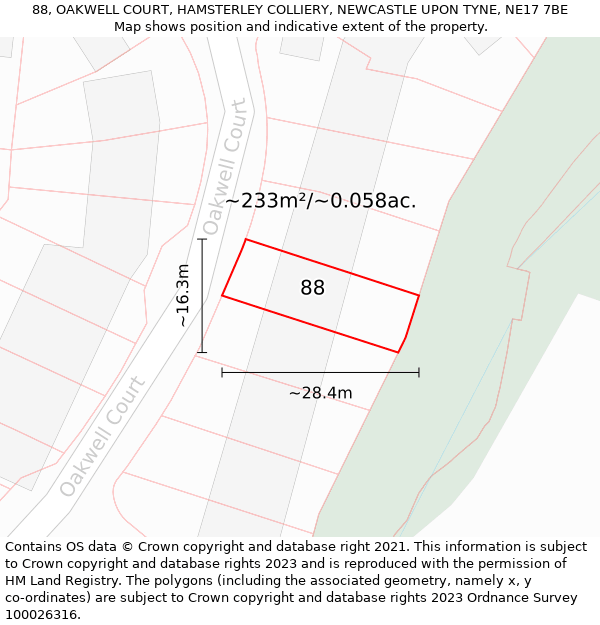 88, OAKWELL COURT, HAMSTERLEY COLLIERY, NEWCASTLE UPON TYNE, NE17 7BE: Plot and title map