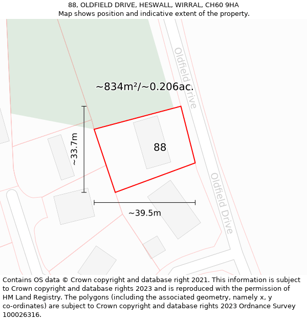 88, OLDFIELD DRIVE, HESWALL, WIRRAL, CH60 9HA: Plot and title map