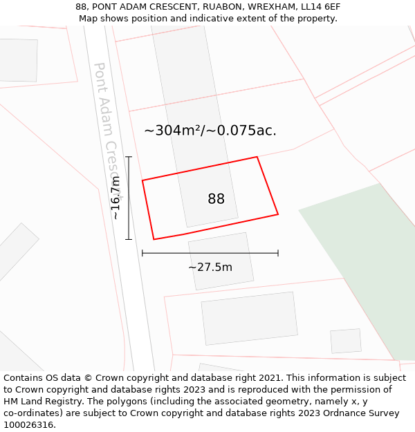 88, PONT ADAM CRESCENT, RUABON, WREXHAM, LL14 6EF: Plot and title map