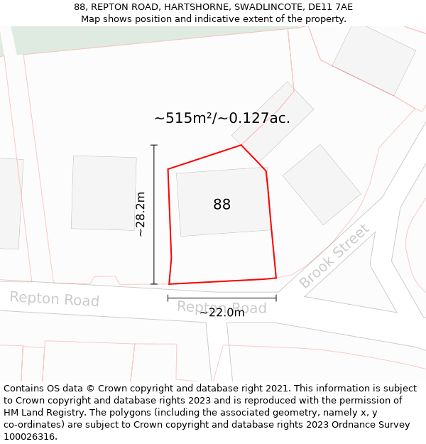 88, REPTON ROAD, HARTSHORNE, SWADLINCOTE, DE11 7AE: Plot and title map