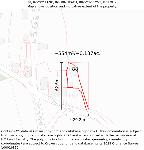 88, ROCKY LANE, BOURNHEATH, BROMSGROVE, B61 9HX: Plot and title map