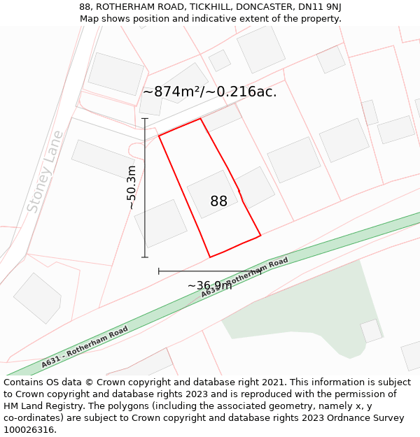 88, ROTHERHAM ROAD, TICKHILL, DONCASTER, DN11 9NJ: Plot and title map