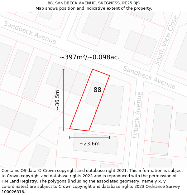 88, SANDBECK AVENUE, SKEGNESS, PE25 3JS: Plot and title map