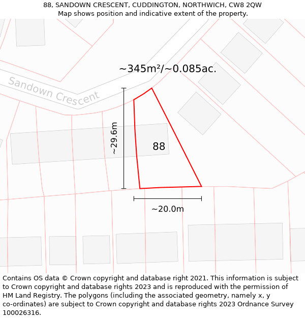 88, SANDOWN CRESCENT, CUDDINGTON, NORTHWICH, CW8 2QW: Plot and title map