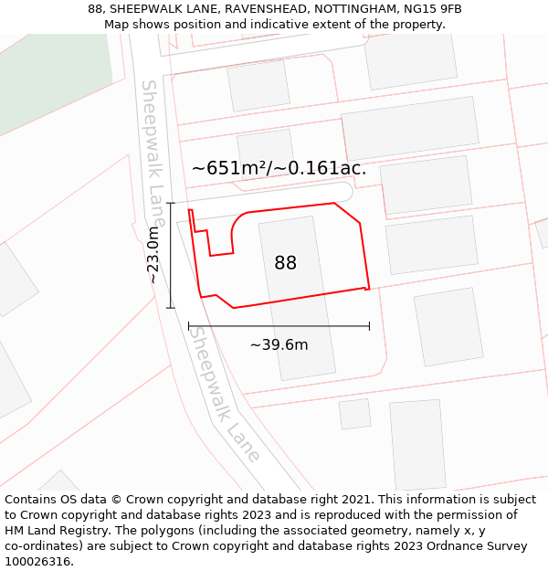 88, SHEEPWALK LANE, RAVENSHEAD, NOTTINGHAM, NG15 9FB: Plot and title map