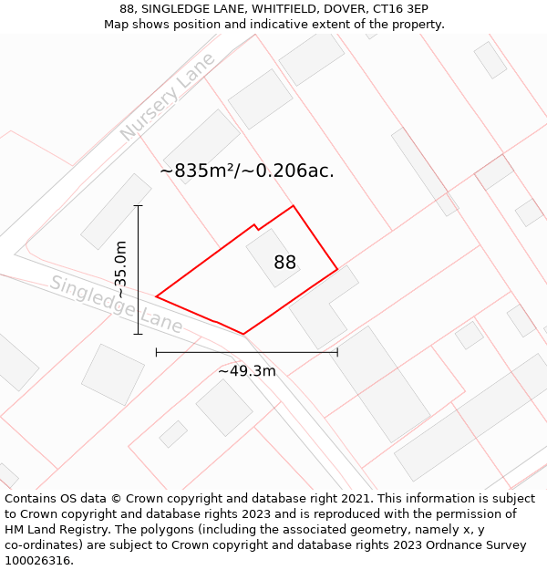 88, SINGLEDGE LANE, WHITFIELD, DOVER, CT16 3EP: Plot and title map