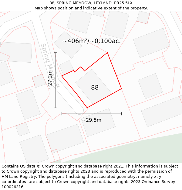 88, SPRING MEADOW, LEYLAND, PR25 5LX: Plot and title map