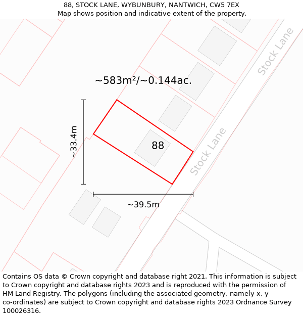 88, STOCK LANE, WYBUNBURY, NANTWICH, CW5 7EX: Plot and title map