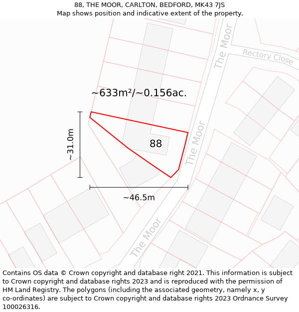 88, THE MOOR, CARLTON, BEDFORD, MK43 7JS: Plot and title map