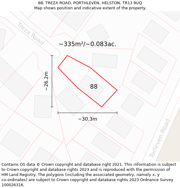 88, TREZA ROAD, PORTHLEVEN, HELSTON, TR13 9UQ: Plot and title map