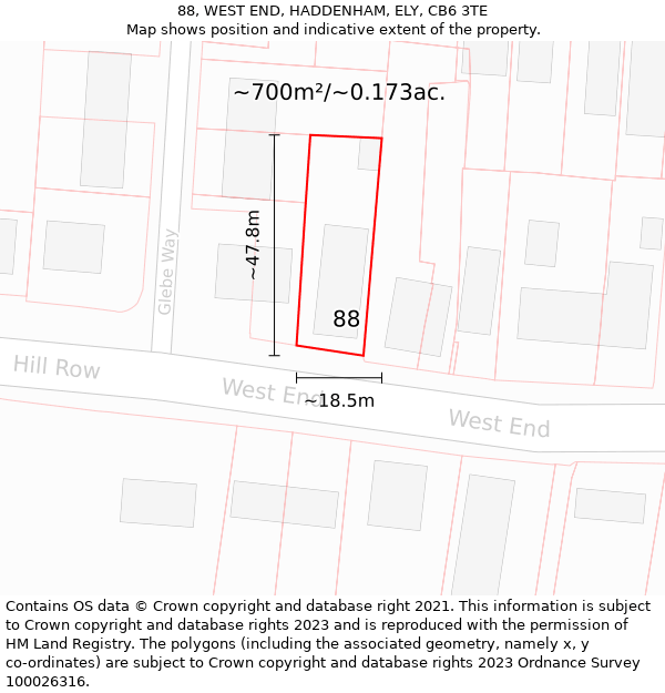 88, WEST END, HADDENHAM, ELY, CB6 3TE: Plot and title map