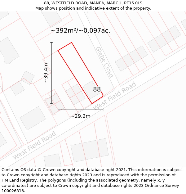 88, WESTFIELD ROAD, MANEA, MARCH, PE15 0LS: Plot and title map