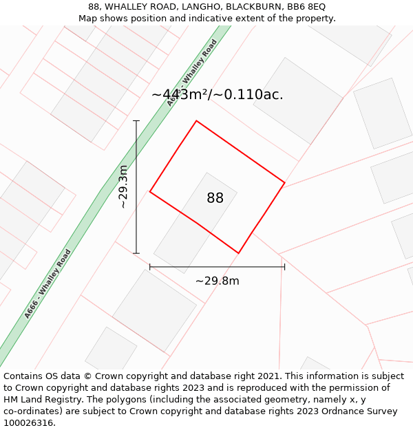 88, WHALLEY ROAD, LANGHO, BLACKBURN, BB6 8EQ: Plot and title map