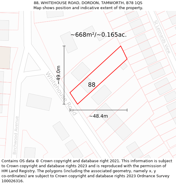 88, WHITEHOUSE ROAD, DORDON, TAMWORTH, B78 1QS: Plot and title map