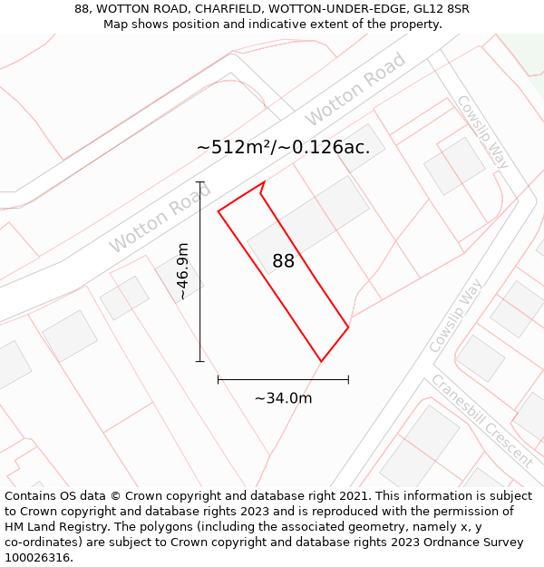 88, WOTTON ROAD, CHARFIELD, WOTTON-UNDER-EDGE, GL12 8SR: Plot and title map