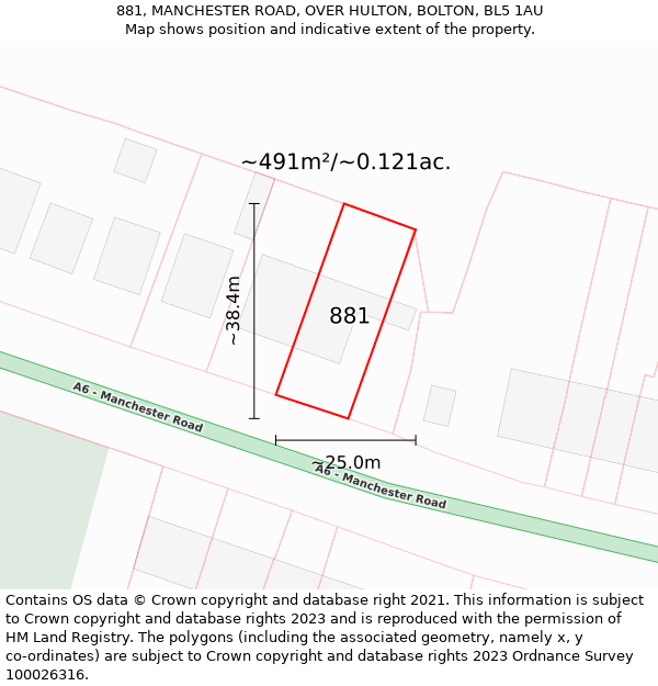 881, MANCHESTER ROAD, OVER HULTON, BOLTON, BL5 1AU: Plot and title map