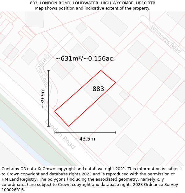 883, LONDON ROAD, LOUDWATER, HIGH WYCOMBE, HP10 9TB: Plot and title map