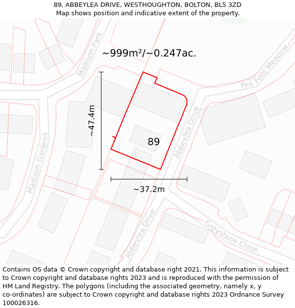 89, ABBEYLEA DRIVE, WESTHOUGHTON, BOLTON, BL5 3ZD: Plot and title map