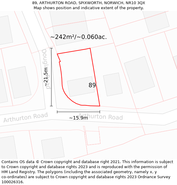 89, ARTHURTON ROAD, SPIXWORTH, NORWICH, NR10 3QX: Plot and title map