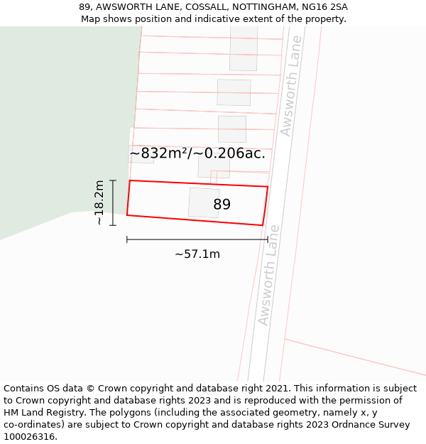 89, AWSWORTH LANE, COSSALL, NOTTINGHAM, NG16 2SA: Plot and title map