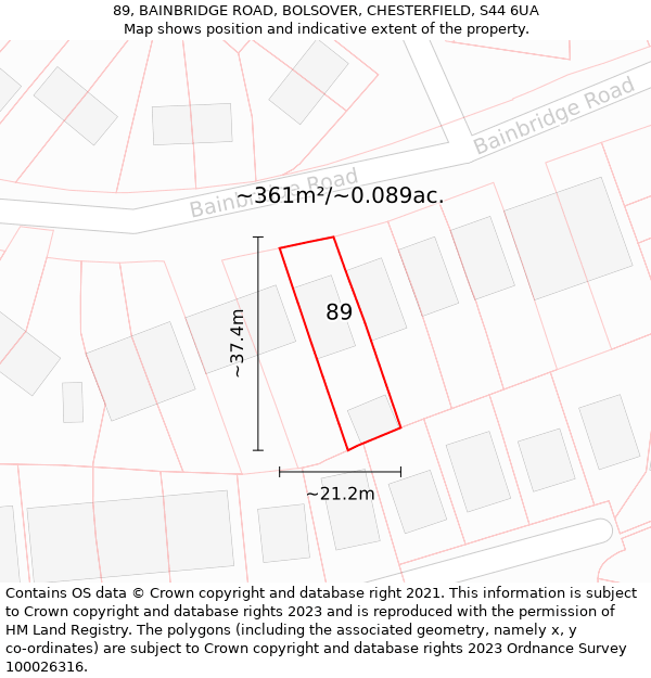 89, BAINBRIDGE ROAD, BOLSOVER, CHESTERFIELD, S44 6UA: Plot and title map