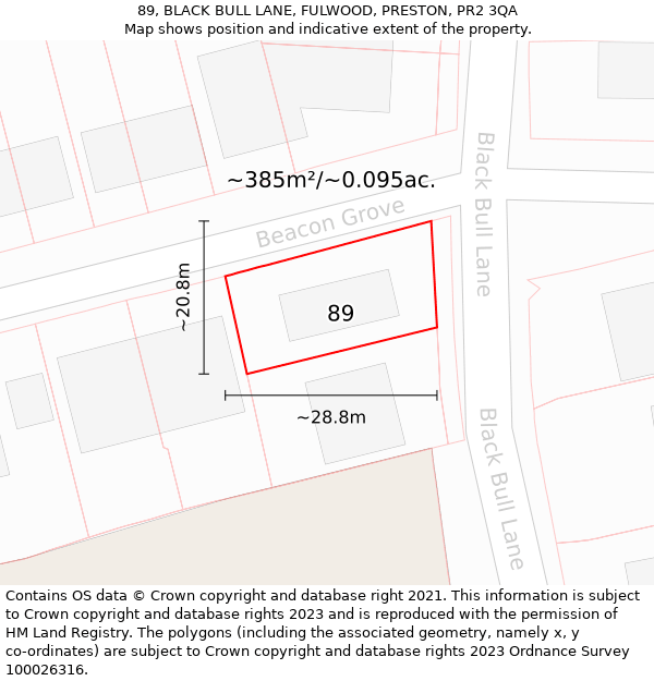 89, BLACK BULL LANE, FULWOOD, PRESTON, PR2 3QA: Plot and title map