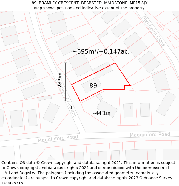89, BRAMLEY CRESCENT, BEARSTED, MAIDSTONE, ME15 8JX: Plot and title map