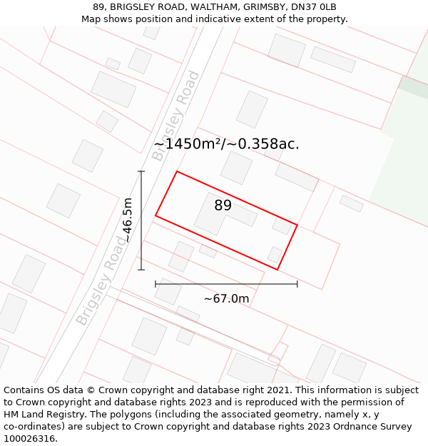 89, BRIGSLEY ROAD, WALTHAM, GRIMSBY, DN37 0LB: Plot and title map