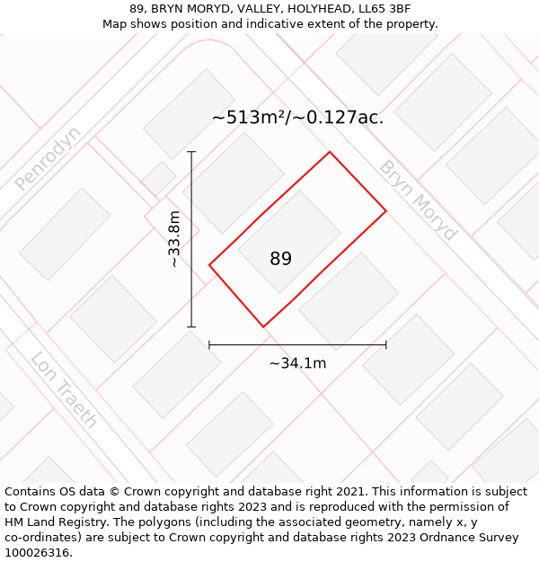 89, BRYN MORYD, VALLEY, HOLYHEAD, LL65 3BF: Plot and title map