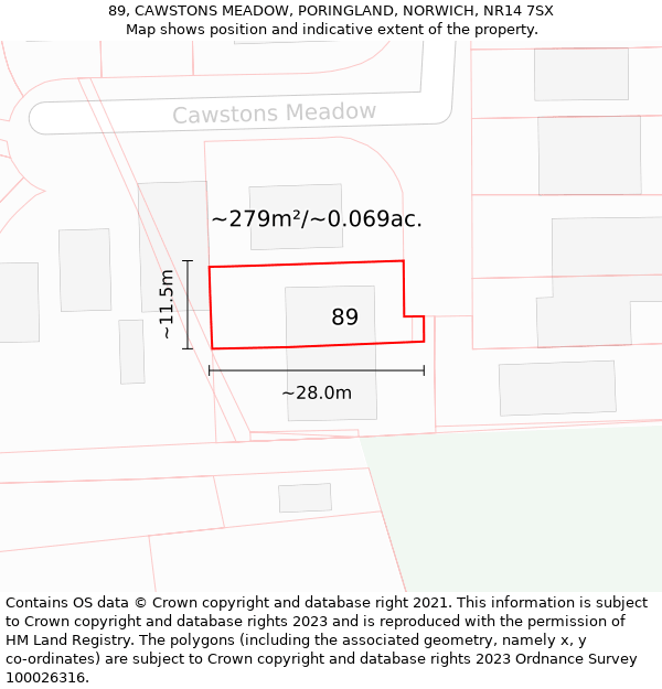 89, CAWSTONS MEADOW, PORINGLAND, NORWICH, NR14 7SX: Plot and title map