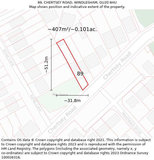 89, CHERTSEY ROAD, WINDLESHAM, GU20 6HU: Plot and title map