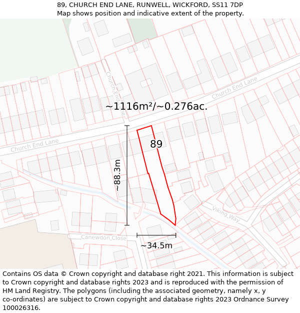 89, CHURCH END LANE, RUNWELL, WICKFORD, SS11 7DP: Plot and title map