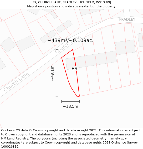 89, CHURCH LANE, FRADLEY, LICHFIELD, WS13 8NJ: Plot and title map