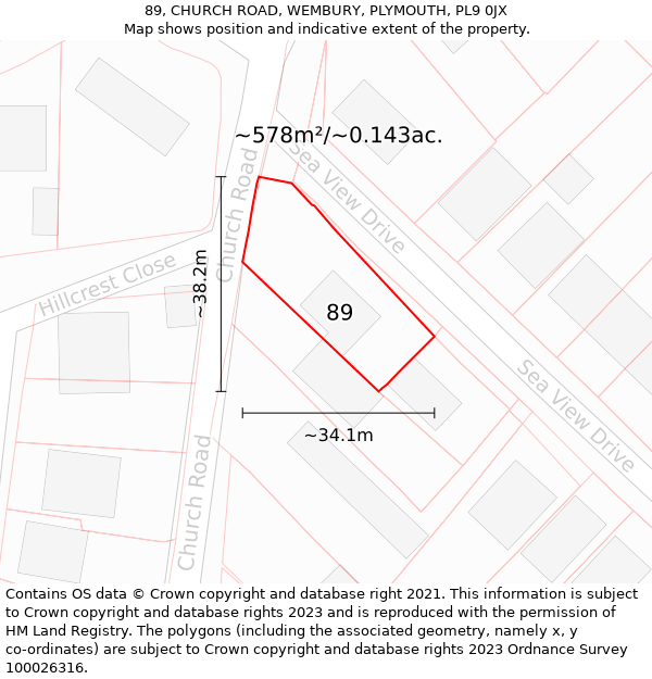 89, CHURCH ROAD, WEMBURY, PLYMOUTH, PL9 0JX: Plot and title map