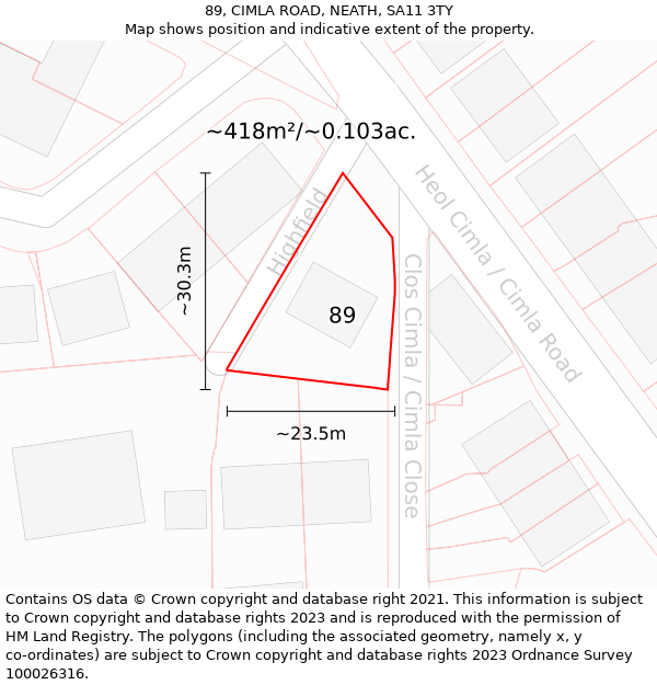 89, CIMLA ROAD, NEATH, SA11 3TY: Plot and title map