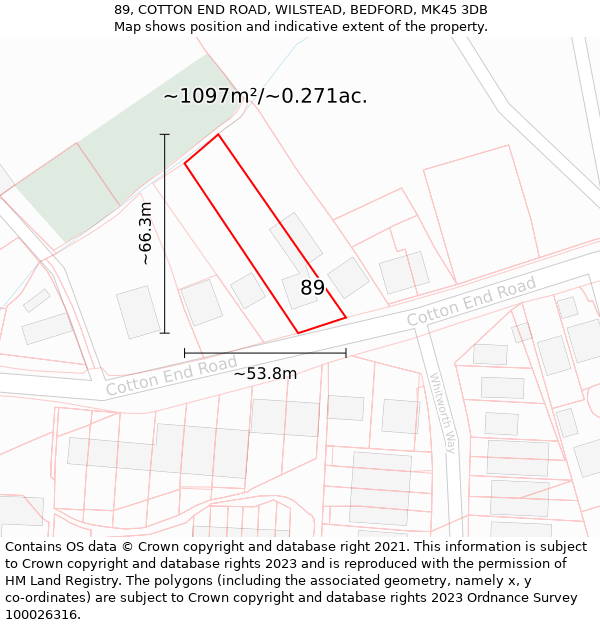 89, COTTON END ROAD, WILSTEAD, BEDFORD, MK45 3DB: Plot and title map