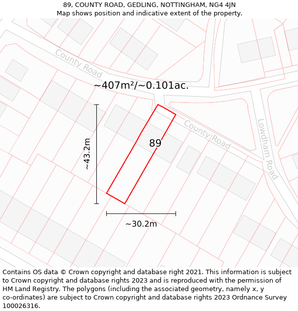 89, COUNTY ROAD, GEDLING, NOTTINGHAM, NG4 4JN: Plot and title map