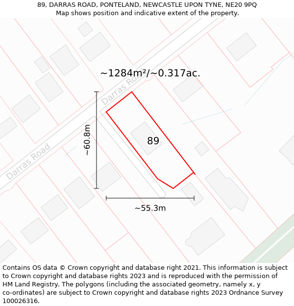 89, DARRAS ROAD, PONTELAND, NEWCASTLE UPON TYNE, NE20 9PQ: Plot and title map