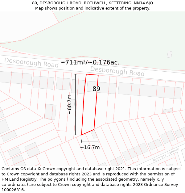 89, DESBOROUGH ROAD, ROTHWELL, KETTERING, NN14 6JQ: Plot and title map