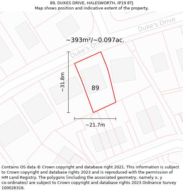 89, DUKES DRIVE, HALESWORTH, IP19 8TJ: Plot and title map