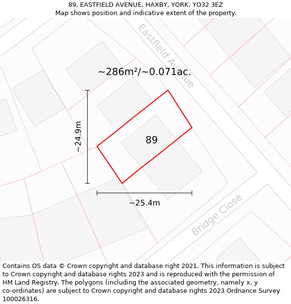 89, EASTFIELD AVENUE, HAXBY, YORK, YO32 3EZ: Plot and title map