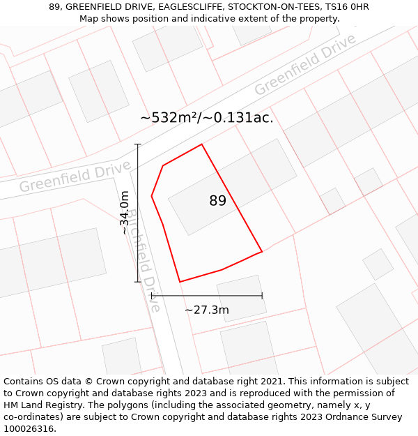 89, GREENFIELD DRIVE, EAGLESCLIFFE, STOCKTON-ON-TEES, TS16 0HR: Plot and title map