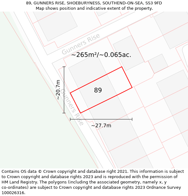 89, GUNNERS RISE, SHOEBURYNESS, SOUTHEND-ON-SEA, SS3 9FD: Plot and title map