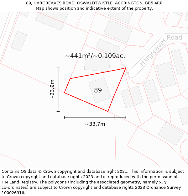 89, HARGREAVES ROAD, OSWALDTWISTLE, ACCRINGTON, BB5 4RP: Plot and title map