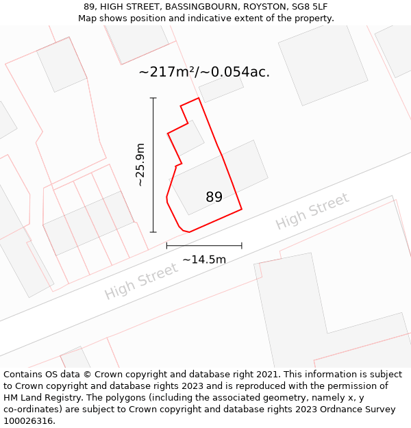 89, HIGH STREET, BASSINGBOURN, ROYSTON, SG8 5LF: Plot and title map