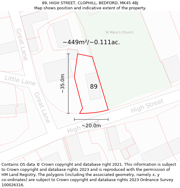 89, HIGH STREET, CLOPHILL, BEDFORD, MK45 4BJ: Plot and title map