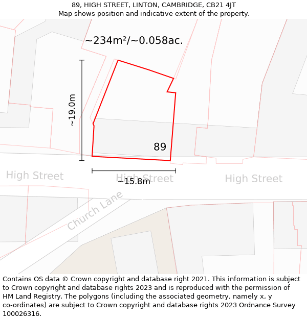 89, HIGH STREET, LINTON, CAMBRIDGE, CB21 4JT: Plot and title map