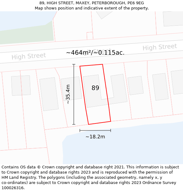 89, HIGH STREET, MAXEY, PETERBOROUGH, PE6 9EG: Plot and title map