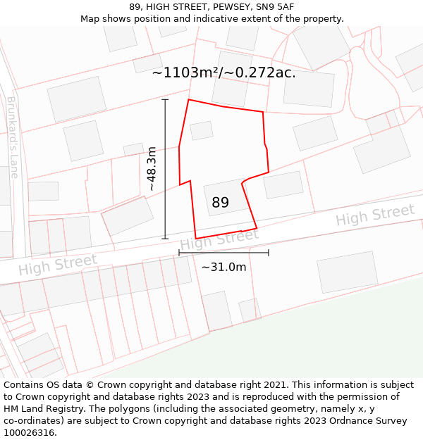 89, HIGH STREET, PEWSEY, SN9 5AF: Plot and title map