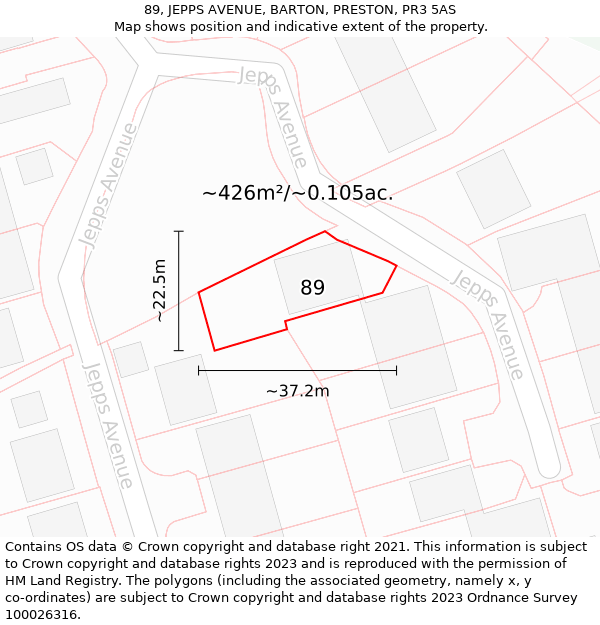 89, JEPPS AVENUE, BARTON, PRESTON, PR3 5AS: Plot and title map